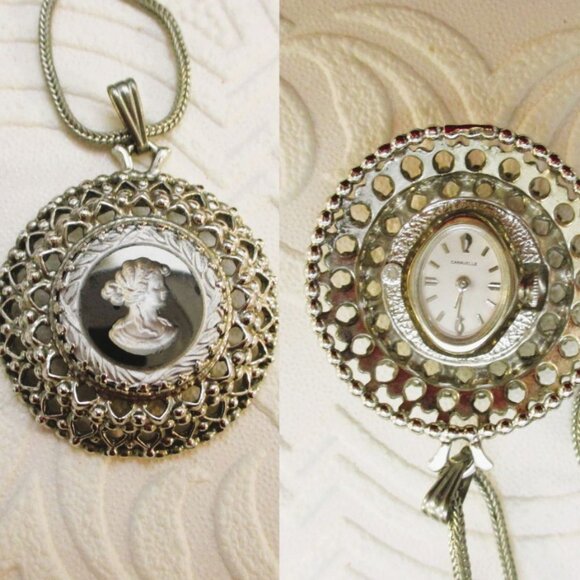 Vintage CARAVELLE BULOVA Watch Necklace: Whiting & Davis Cameo Pendant Watch - Picture 1 of 14